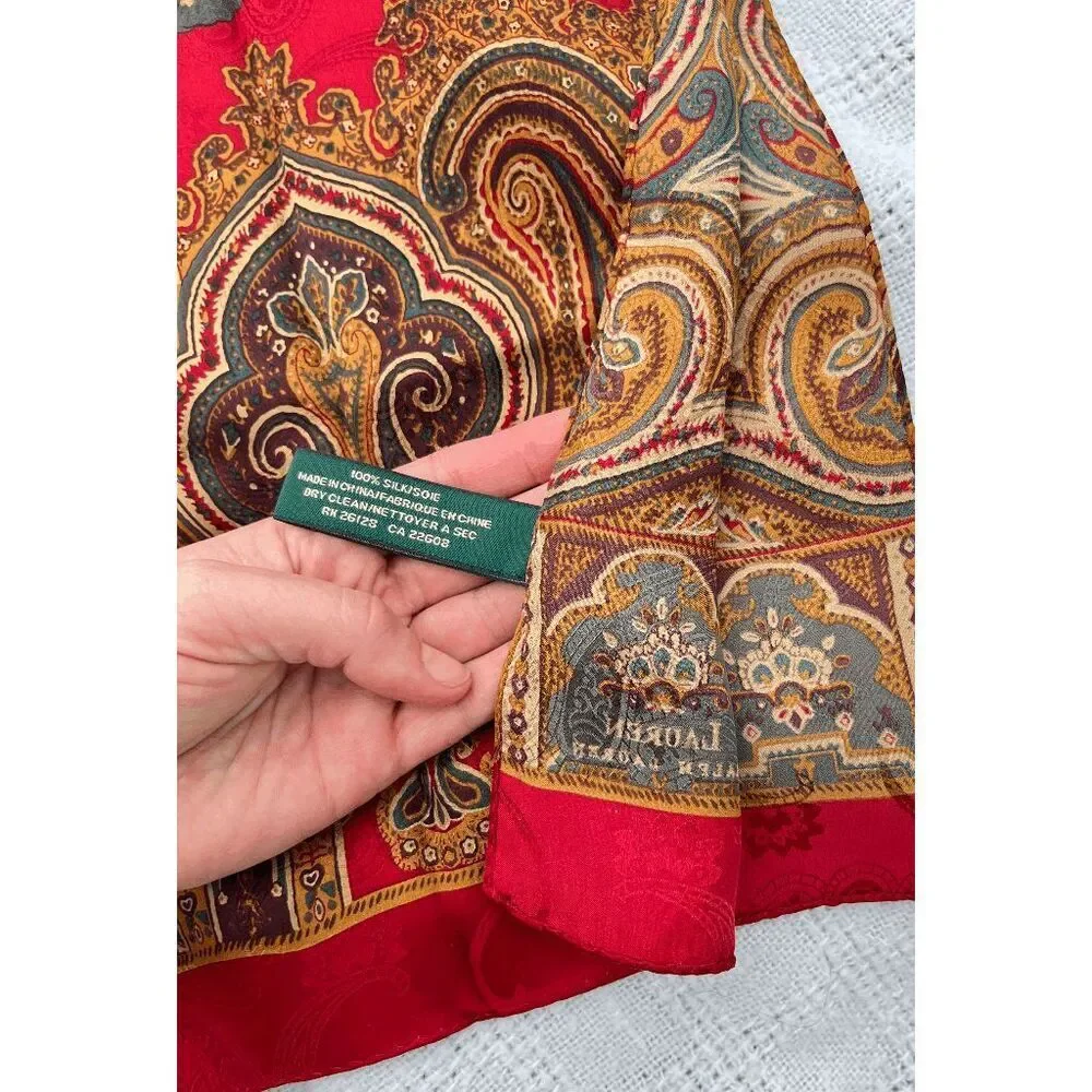 Lauren Ralph Lauren Silk Paisley Floral Scarf Red Equestrian Old Money